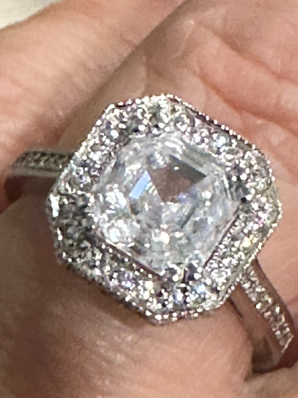 14K White Gold Square Step-Cut CZ Cushion Halo Ring Sz 6.75